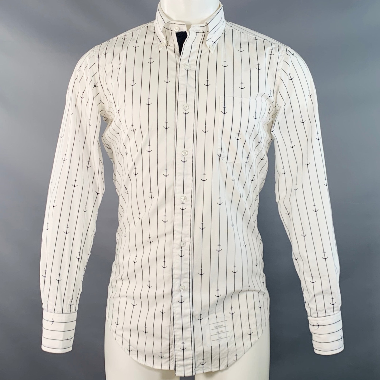 Thom Browne S White Navy Nautical Pinstripe Cotton One Pocket Long Sleeve Shirt